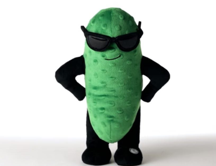 Hugo the cucumber mascot wearing sunglasses